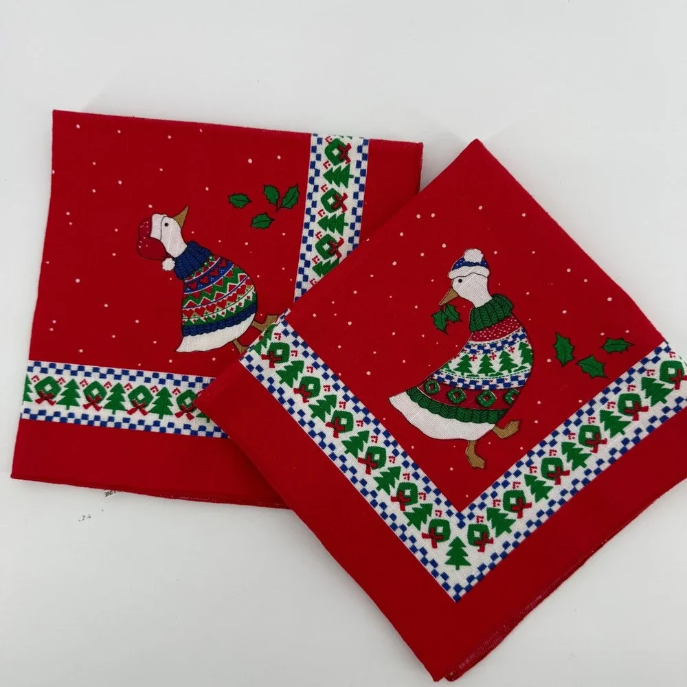 Vintage Sunweave Holiday Christmas Geese Napkins Set of 2 Red‎ Replacements
